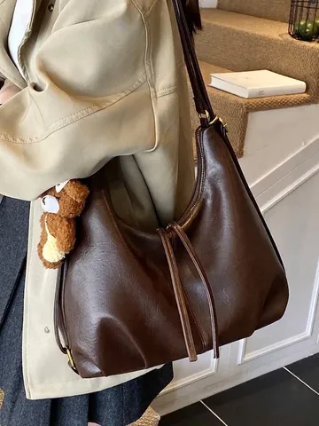 Women Large Capacity PU Leather Tote Bag Pleated Multi-functional Backpack Retro Hobo Shoulder Bag With Plush Bear Charm Travel Commute Bag