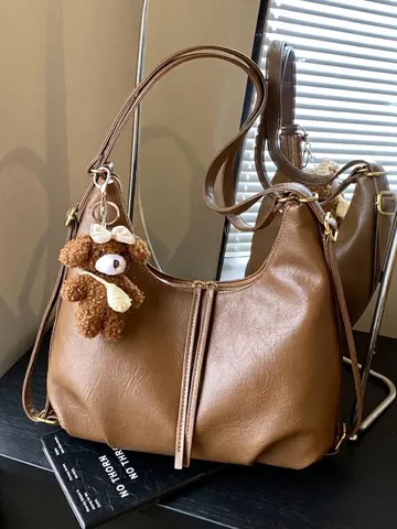 Women Large Capacity PU Leather Tote Bag Pleated Multi-functional Backpack Retro Hobo Shoulder Bag With Plush Bear Charm Travel Commute Bag