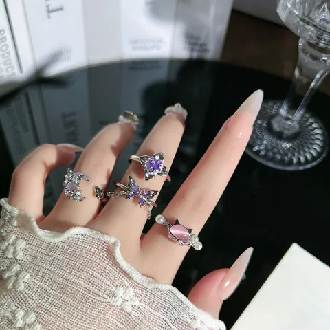 Mode Designer Stil Lila Strass Schmetterling Quaste Verstellbarer Ring Rosa Katze Mond Kupfer Schmuck Für Damen