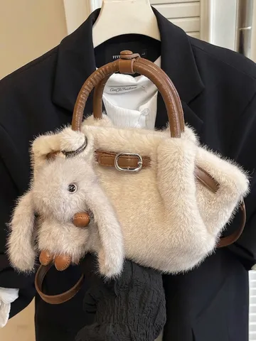 New 2025 Winter Plush Tote Bag For Women Large Capacity Faux Fur Shoulder Bag With Bunny Charm Casual Crossbody Handbag Fashion Handheld Bag