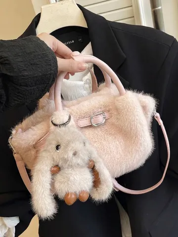 New 2025 Winter Plush Tote Bag For Women Large Capacity Faux Fur Shoulder Bag With Bunny Charm Casual Crossbody Handbag Fashion Handheld Bag