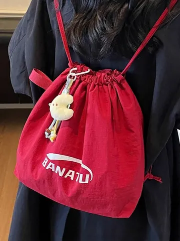 Women Large Capacity Canvas Tote Bag 2025 New Commuter Backpack Drawstring Multi-functional Shoulder Bag With Cartoon Pendant
