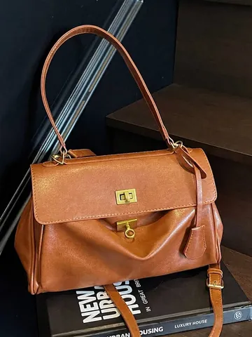 Vintage PU Leather Large Capacity Tote Bag For Women Solid Color Retro Underarm Bag With Metal Lock Commuter Office Shoulder Bag Chic Handbag