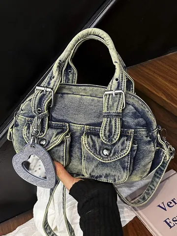 Retro Distressed Denim Boston Bag Multi Pocket Casual Crossbody Bowling Purse With Heart Charm For Women