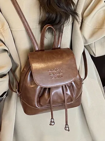 Mochila Casual de Cuero PU para Mujer Gran Capacidad Vintage Solapa Cordón Viaje Escolar Bolso de Hombro
