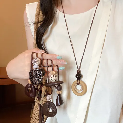 Women Geometric Wood Pendant Necklace Bohemian Brown Cord Long Sweater Chain Fashion Minimalist Jewelry Gift