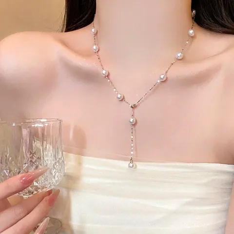 French Elegant Y-Shaped Artificial Pearl Tassel Necklace For Women Light Luxury Gypsophila Clavicle Chain Accessories