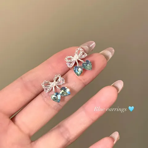 Summer Ice Blue Heart Rhinestone Bowknot Earrings For Women New Lace Artificial Pearl Stud Earrings With 925 Sterling Silver Earring Post Jewelry