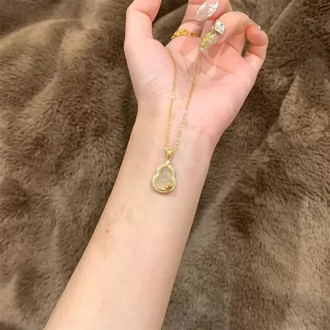 Colgante Calabaza de Plata de Ley 925 Estilo Neo Chino para Mujer Lujosa Cadena Con Calcedonia Blanca Hoja Diamantes de Imitación Joyería Regalo