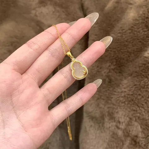 Colgante Calabaza de Plata de Ley 925 Estilo Neo Chino para Mujer Lujosa Cadena Con Calcedonia Blanca Hoja Diamantes de Imitación Joyería Regalo