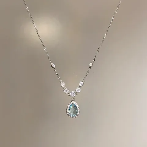 Zeemeermin Traan Lichtblauw Strass Waterdruppel Hanger Ketting Voor Vrouwen Titanium Staal Ketting Luxe Elegante Sieraden Cadeau