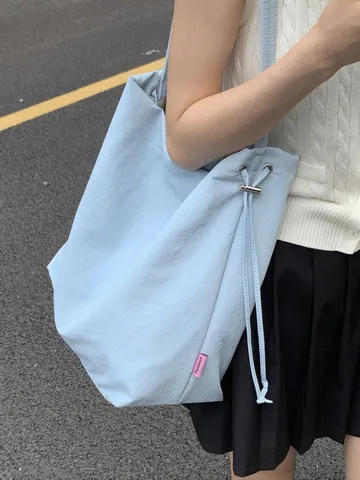 Grand Sac en Tissu Oxford Minimaliste pour Femmes Décontracté Couleur Unie Avec Cordon de Serrage Sac à Épaule Quotidien