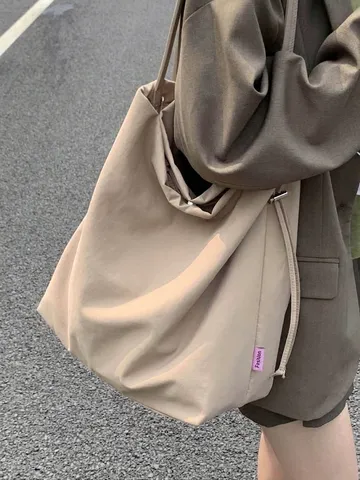 Grand Sac en Tissu Oxford Minimaliste pour Femmes Décontracté Couleur Unie Avec Cordon de Serrage Sac à Épaule Quotidien