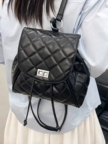 Mini Sac à Dos Matelassé pour Femmes en Cuir PU Sac à Dos Mode à Losanges Avec Fermoir Métallique Cordon pour Voyage École Quotidien