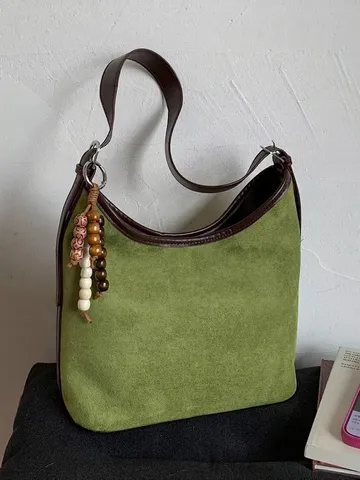 Vintage Suede PU Patchwork Bucket Bag For Women Large Capacity Shoulder Bag With Beaded Pendant Elegant Urban Minimalist Everyday Tote Handbag