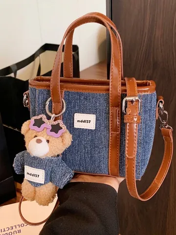 Women Patchwork Denim Bucket Bag Contrast PU Leather Large Capacity Crossbody Handbag With Teddy Bear Keychain Summer Fashion