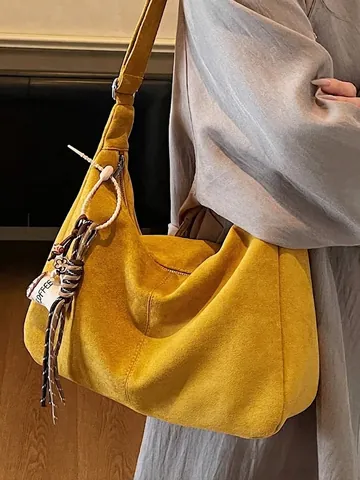 Retro Grote Capaciteit Imitatiesuède Draagtas Dames Vintage Casual Schoudertas Met Koffiekopje Hanger Relaxte Stijl Handtas