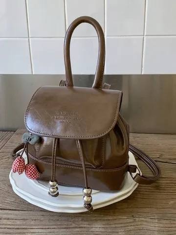Fashion Women Mini PU Leather Backpack Korean Style Small Schoolbag Trendy Street Travel Drawstring Flap Bag With Cherry Pendant