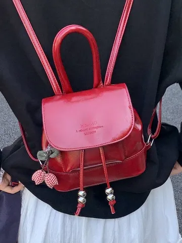 Fashion Women Mini PU Leather Backpack Korean Style Small Schoolbag Trendy Street Travel Drawstring Flap Bag With Cherry Pendant
