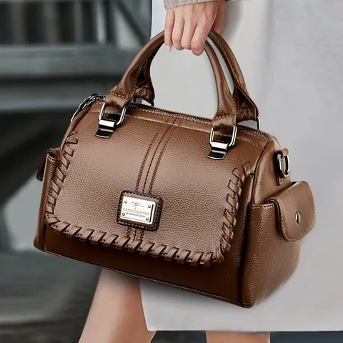 Women Litchi Texture Tote Handbag Middle Aged Mother Crossbody Shoulder Bag With Woven Edge Decor Fashion Kangaroo Logo PU Bag