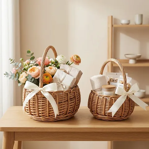 Woven Flower Girl Basket Natural Willow With Handle Ribbon Bow Waterproof Lining For Wedding Party Home Decor Rustic