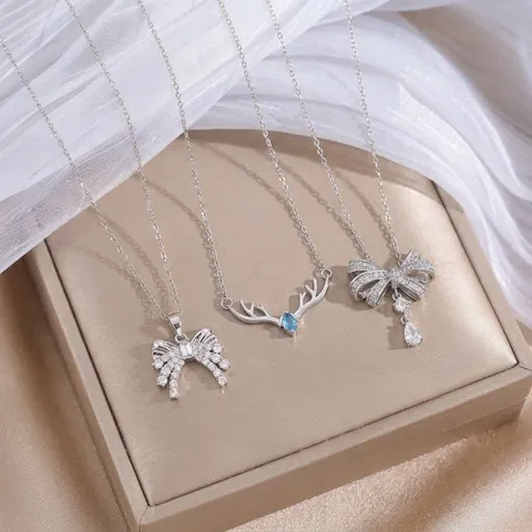 Fashion Stainless Steel Zirconia Pendant Necklace For Women Bowknot Antler Flower Rainbow Cloud Charming Jewelry Gift