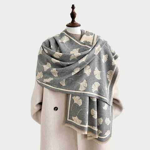 Sciarpa Invernale da Donna in Imitazione Cashmere Ispessita Foglia di Ginkgo Jacquard Nappa Scialle Caldo a Doppio Uso