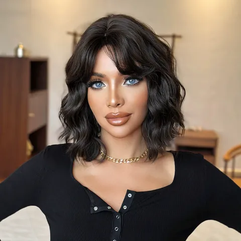 Short Wavy Synthetic Wig With Air Bangs Heat Resistant Bob Style Brown Ombre Hair Extension For Women Daily Use Party