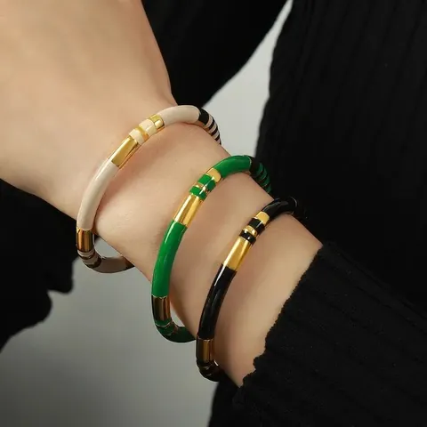 Jonc Ouvert en C Rétro en Forme de Joint de Bambou pour Femme Acier Inoxydable Émail Rayé Bracelet Bijoux Personnalisés Cadeau