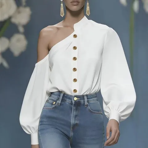 Blusa de Satén Blanco para Mujer Top Asimétrico de Un Hombro Con Botones Dorados Irregulares Manga Linterna Estilo Old Money