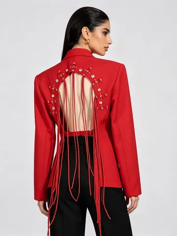 Women Backless Hollow Out Blazer Jacket Rhinestone Tassel Double Breasted Sexy Party Peaked Lapel Solid Color Outerwear