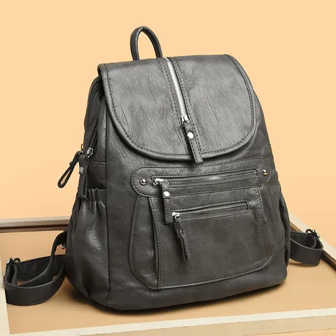Women Vintage Backpack Soft PU Leather Large Capacity Multi-pocket Commuting School Bag Fashion Retro Travel Rucksack For Daily Use