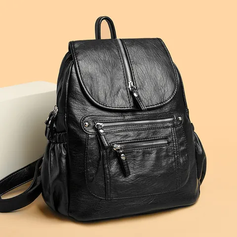 Women Vintage Backpack Soft PU Leather Large Capacity Multi-pocket Commuting School Bag Fashion Retro Travel Rucksack For Daily Use