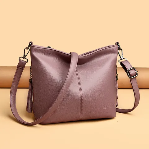 Women Large Capacity PU Leather Bucket Bag Korean Style Lychee Grain Tassel Shoulder Crossbody Bag Urban Minimalist Mom Bag Versatile Purse