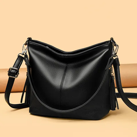 Women Large Capacity PU Leather Bucket Bag Korean Style Lychee Grain Tassel Shoulder Crossbody Bag Urban Minimalist Mom Bag Versatile Purse