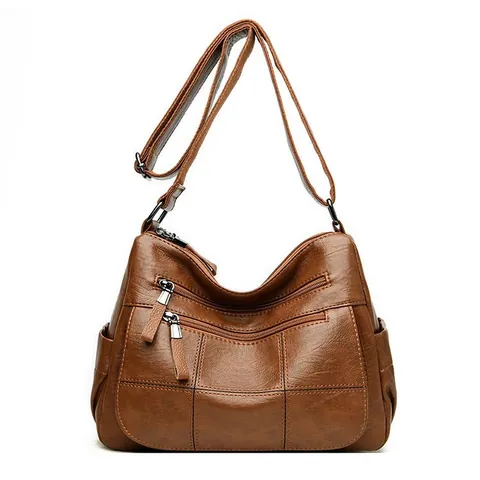 Women Casual PU Leather Shoulder Bag Soft Patchwork Stitching Multi-Pocket Crossbody Bag For Middle Aged Mom Daily Use