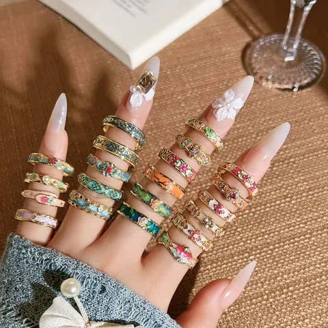Vintage Designer Emaille Blume Offener Ring Für Damen Eleganter Ölgemälde Floral Kupfer Fingerring High End Stil Verstellbar Schmuck Geschenk