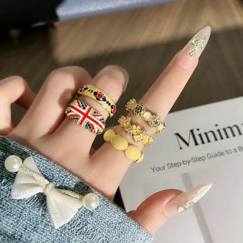Vintage Brits Emaille Union Jack Open Ring Voor Vrouwen Bloemen Patroon Verguld Koper Strass Vingerring Retro Paleis Sieraden