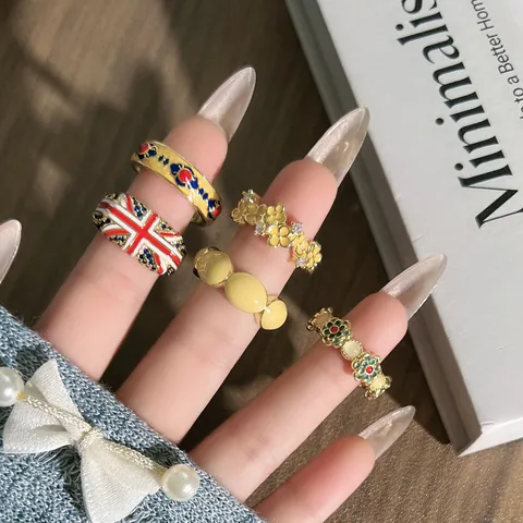 Vintage Brits Emaille Union Jack Open Ring Voor Vrouwen Bloemen Patroon Verguld Koper Strass Vingerring Retro Paleis Sieraden