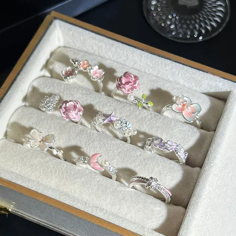 Anillo Abierto Romántico con Flor Rosa y Mariposa para Mujer Cobre Diamante de Imitación Perla Artificial Ajustable Estilo Francés Regalo de San Valentín Joyería