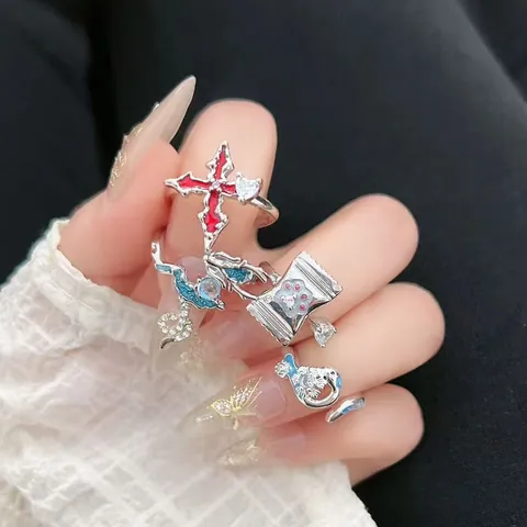 Niche Design Cross Paw Print Dragon Adjustable Open Rings Copper Rhinestone Enamel Finger Ring For Women Fashion Jewelry