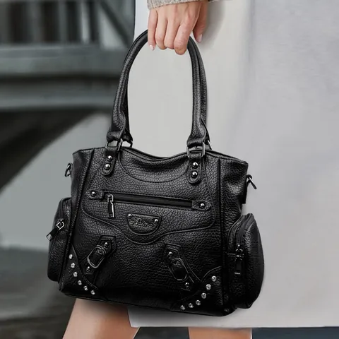 Women Fashion Litchi Pattern PU Leather Tote Bag Large Capacity Rivet Rhinestone Handbag Crossbody Shoulder Commuting Bag