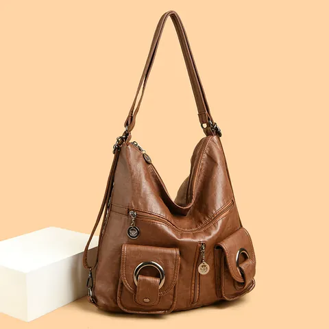 Retro Motorcycle Soft PU Leather Large Capacity Multi-Functional Tote Shoulder Bag Crossbody Backpack For Women Vintage Style
