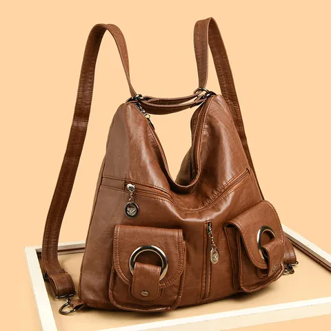Retro Motorcycle Soft PU Leather Large Capacity Multi-Functional Tote Shoulder Bag Crossbody Backpack For Women Vintage Style