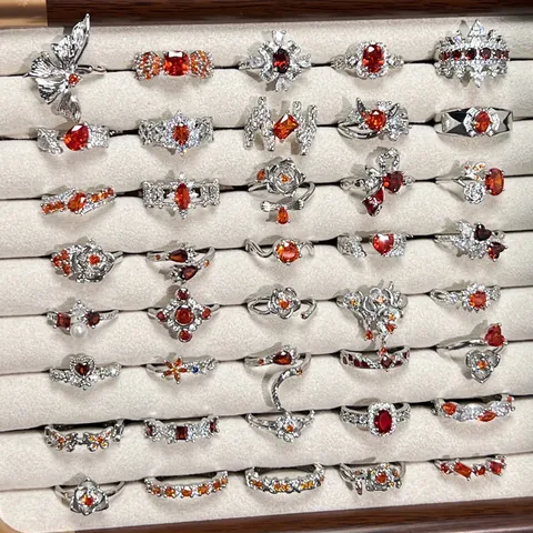 Garnet Red Zirconia Copper Flower Open Ring For Women Adjustable Vintage Light Luxury Literary Style Ins Style Finger Jewelry