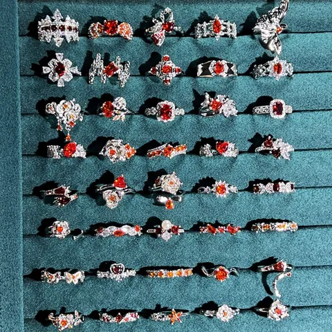 Garnet Red Zirconia Copper Flower Open Ring For Women Adjustable Vintage Light Luxury Literary Style Ins Style Finger Jewelry