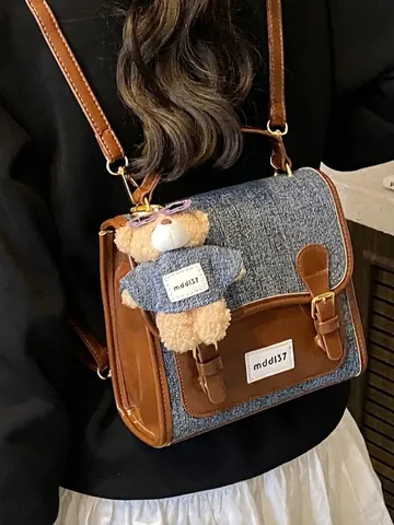 Vintage Denim Contrast Color Backpack For Women Summer All-Match School Travel Rucksack Patchwork Bag With Bear Pendant