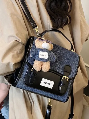 Vintage Denim Contrast Color Backpack For Women Summer All-Match School Travel Rucksack Patchwork Bag With Bear Pendant