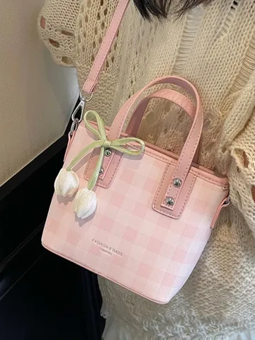 Sac Seau à Carreaux pour Femmes en Cuir PU Charme Tulipe Sac à Bandoulière 2025 Été Designer Gingham Sac à Main à Anse