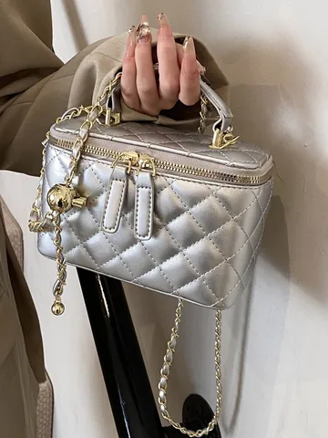 Mini Bolso de Cubo Acolchado con Cadena para Mujer Bolso de Tocador Plateado Bolso de Mano de Moda Bolso de Bandolera para el Viaje Diario y Estilos de Verano